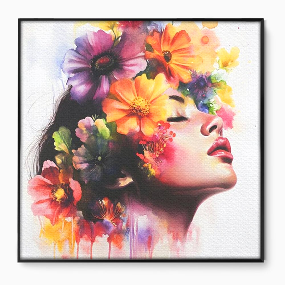 Tablou canvas cu pictura profil femeie cu flori, in rama de aluminiu negru